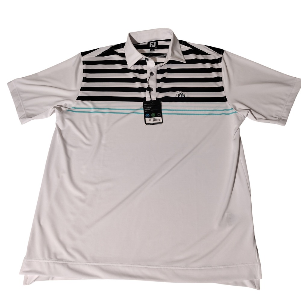 FootJoy Mens ProDry Lisle Chest Stripe Polo Shirt White Black Aqua SZ Large NWT